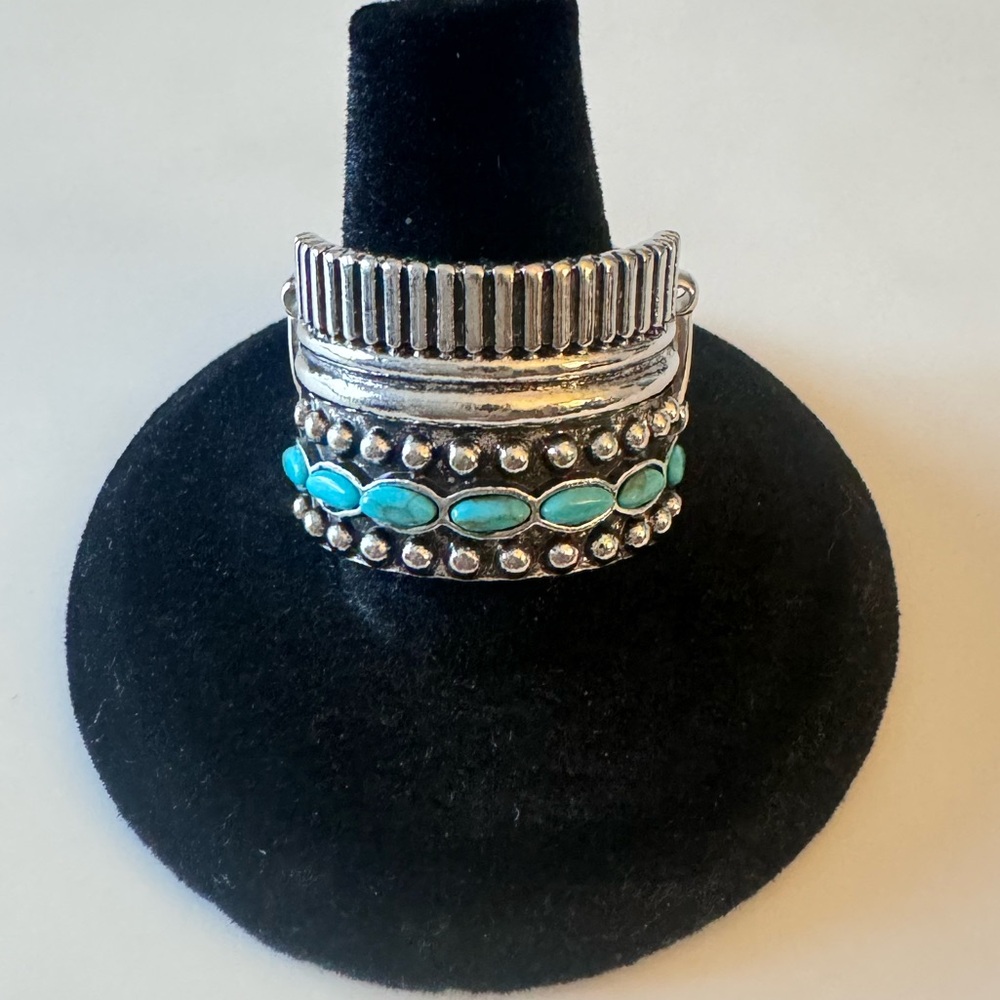 Boho Tribal-Inspired Wide Silver Band Ring with Turquoise Accents